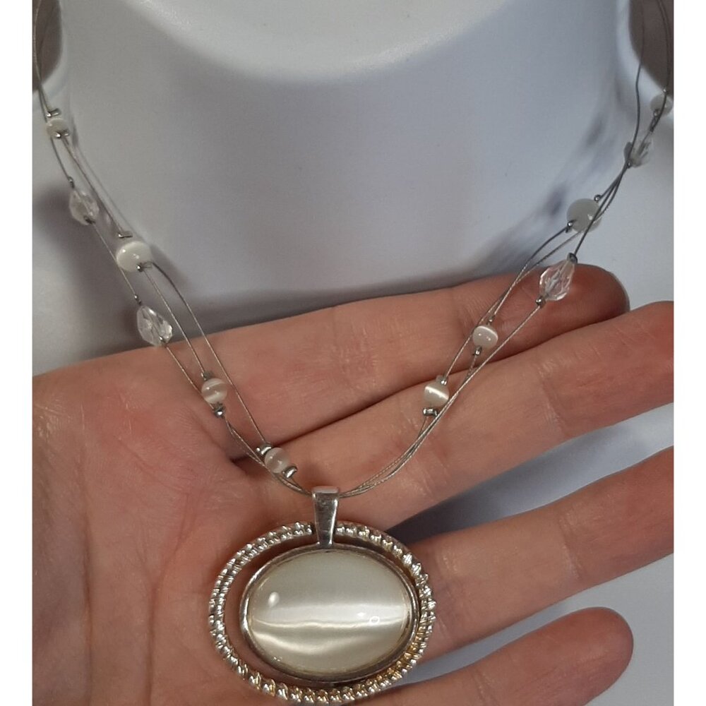 Bridal Mermaidcore White Cateye Glass Necklace With Multi Beaded Strands - Picture 2 of 3
